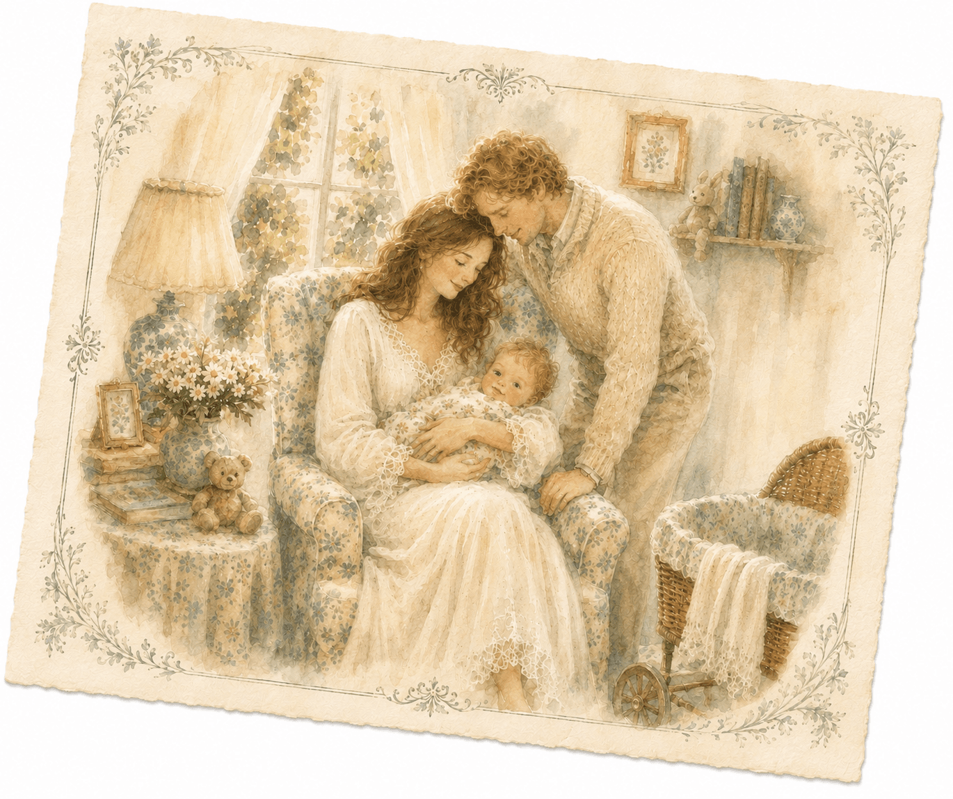 Personalised watercolour baby announcement card in soft beige tones by Ottilie Paperie, custom designed and Giclée printed on hand-deckled fine art textured paper