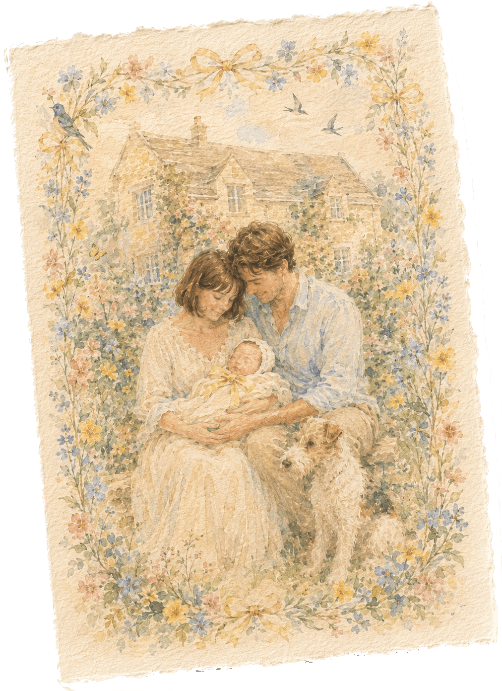 Personalised watercolour Cotswold baby announcement card by Ottilie Paperie, custom designed and Giclée printed on hand-deckled fine art textured paper
