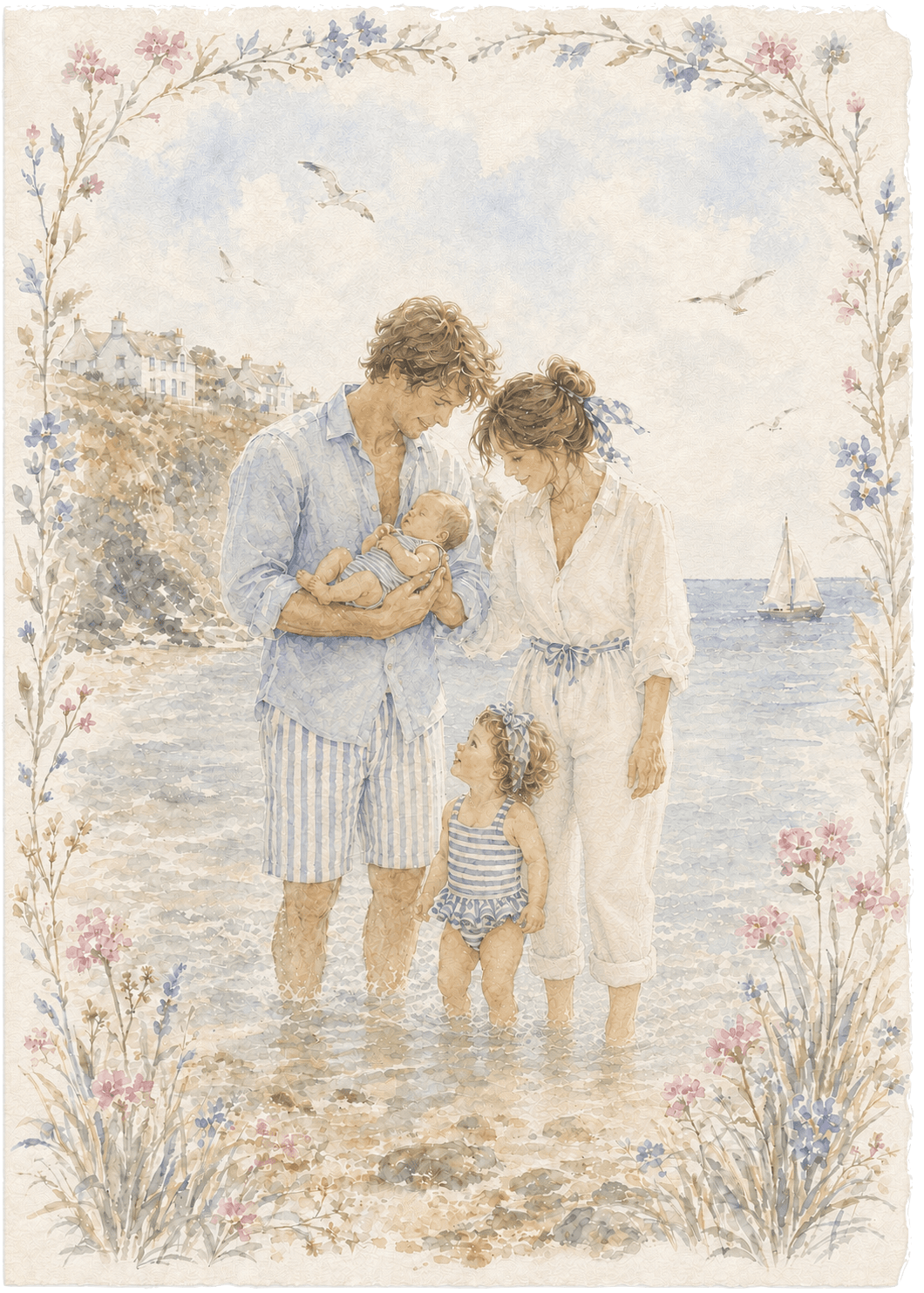 Personalised watercolour seaside baby announcement card by Ottilie Paperie, custom designed and Giclée printed on hand-deckled fine art textured paper