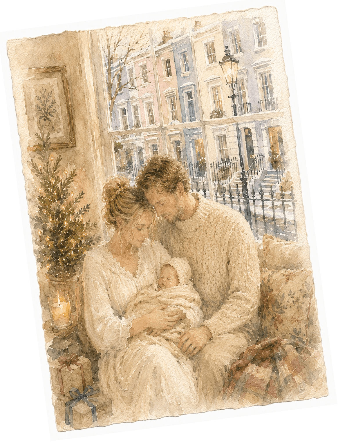 Personalised watercolour winter baby announcement card by Ottilie Paperie, custom designed and Giclée printed on hand-deckled fine art textured paper